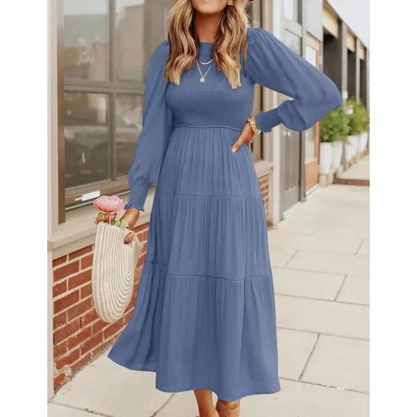 imageZESICA Womens 2023 Casual Long Sleeve Crew Neck High Waist Smocked Flowy Tiered Midi DressDustyblue