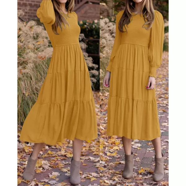 imageZESICA Womens 2023 Casual Long Sleeve Crew Neck High Waist Smocked Flowy Tiered Midi DressGinger