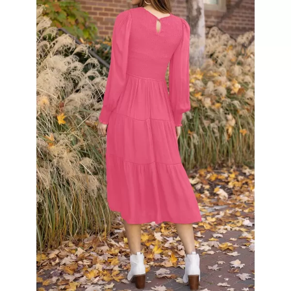 imageZESICA Womens 2023 Casual Long Sleeve Crew Neck High Waist Smocked Flowy Tiered Midi DressHotpink