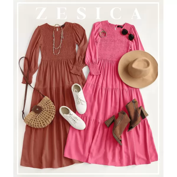 imageZESICA Womens 2023 Casual Long Sleeve Crew Neck High Waist Smocked Flowy Tiered Midi DressHotpink