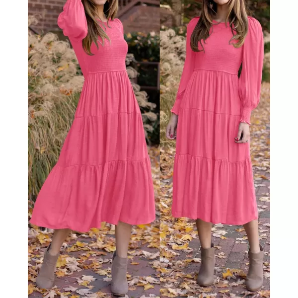 imageZESICA Womens 2023 Casual Long Sleeve Crew Neck High Waist Smocked Flowy Tiered Midi DressHotpink