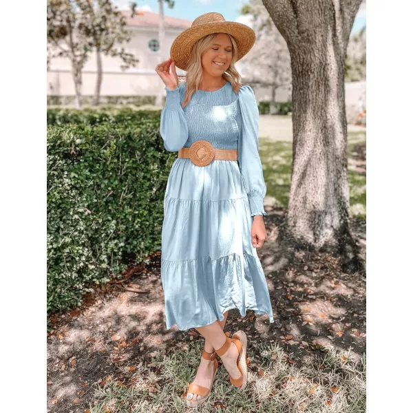 imageZESICA Womens 2023 Casual Long Sleeve Crew Neck High Waist Smocked Flowy Tiered Midi DressLightblue
