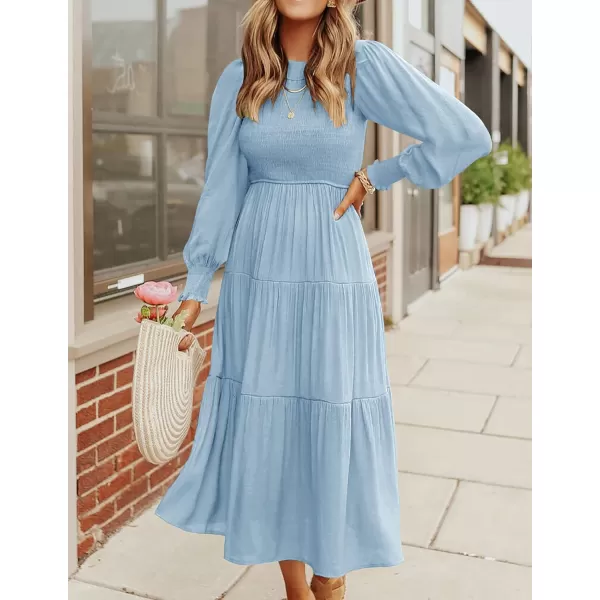 imageZESICA Womens 2023 Casual Long Sleeve Crew Neck High Waist Smocked Flowy Tiered Midi DressLightblue