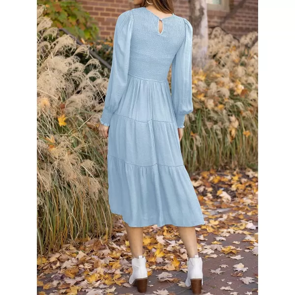imageZESICA Womens 2023 Casual Long Sleeve Crew Neck High Waist Smocked Flowy Tiered Midi DressLightblue