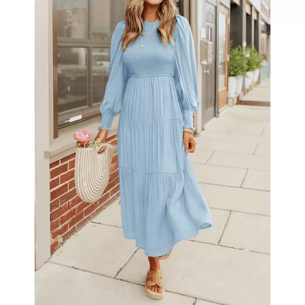 imageZESICA Womens 2023 Casual Long Sleeve Crew Neck High Waist Smocked Flowy Tiered Midi DressLightblue