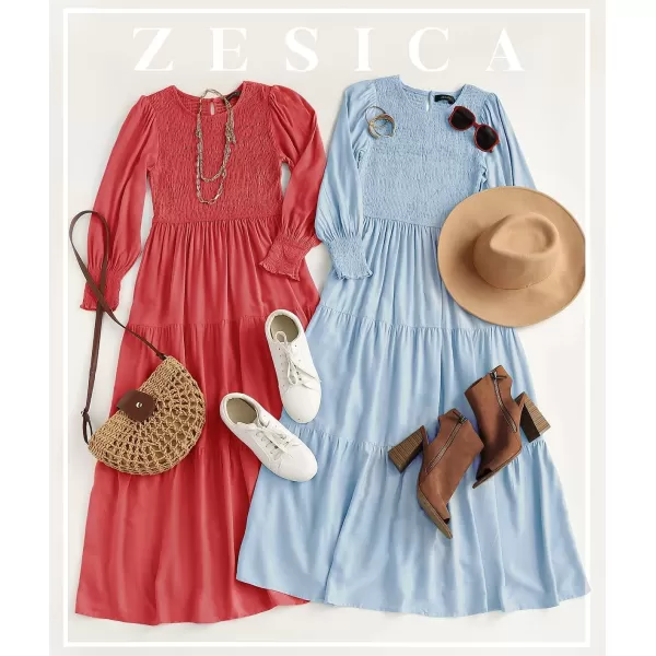 imageZESICA Womens 2023 Casual Long Sleeve Crew Neck High Waist Smocked Flowy Tiered Midi DressLightblue