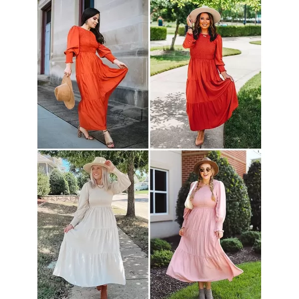 imageZESICA Womens 2023 Casual Long Sleeve Crew Neck High Waist Smocked Flowy Tiered Midi DressPureblack