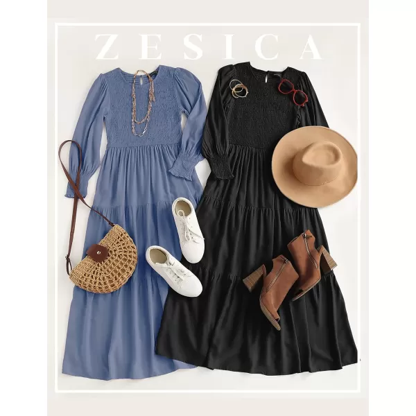 imageZESICA Womens 2023 Casual Long Sleeve Crew Neck High Waist Smocked Flowy Tiered Midi DressPureblack