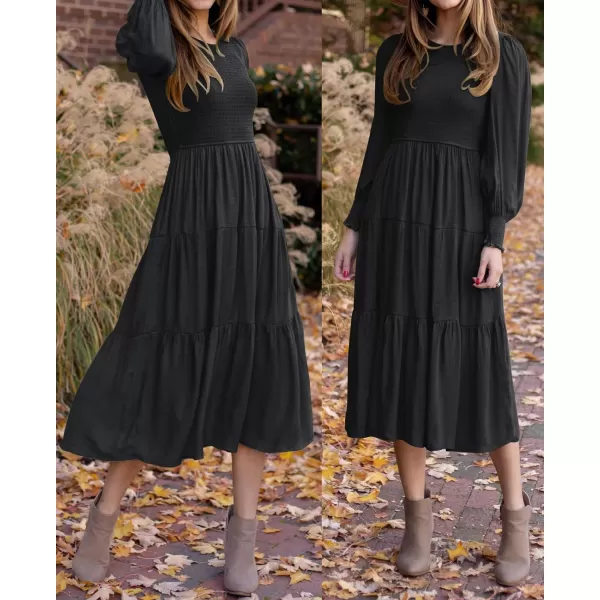 imageZESICA Womens 2023 Casual Long Sleeve Crew Neck High Waist Smocked Flowy Tiered Midi DressPureblack