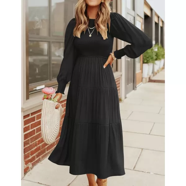 imageZESICA Womens 2023 Casual Long Sleeve Crew Neck High Waist Smocked Flowy Tiered Midi DressPureblack