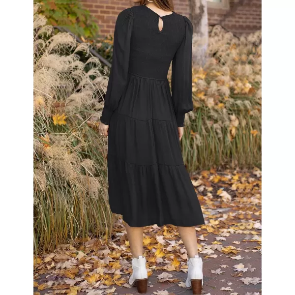 imageZESICA Womens 2023 Casual Long Sleeve Crew Neck High Waist Smocked Flowy Tiered Midi DressPureblack