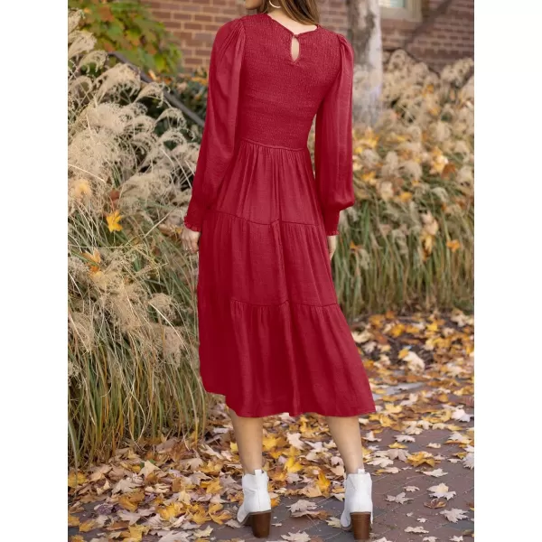 imageZESICA Womens 2023 Casual Long Sleeve Crew Neck High Waist Smocked Flowy Tiered Midi DressRed