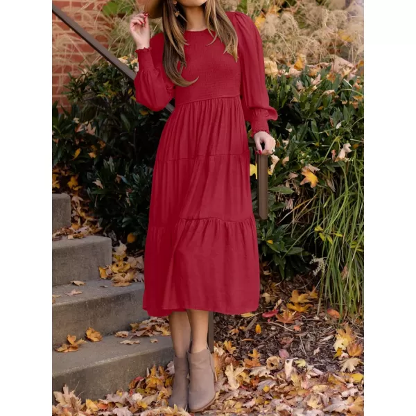 imageZESICA Womens 2023 Casual Long Sleeve Crew Neck High Waist Smocked Flowy Tiered Midi DressRed