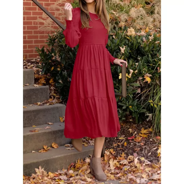 imageZESICA Womens 2023 Casual Long Sleeve Crew Neck High Waist Smocked Flowy Tiered Midi DressRed