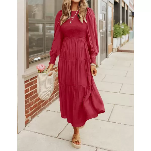 imageZESICA Womens 2023 Casual Long Sleeve Crew Neck High Waist Smocked Flowy Tiered Midi DressRed