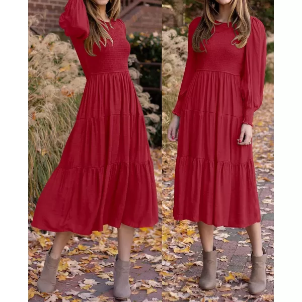 imageZESICA Womens 2023 Casual Long Sleeve Crew Neck High Waist Smocked Flowy Tiered Midi DressRed