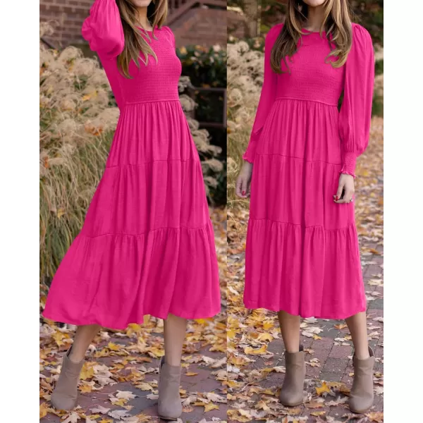 imageZESICA Womens 2023 Casual Long Sleeve Crew Neck High Waist Smocked Flowy Tiered Midi DressRose