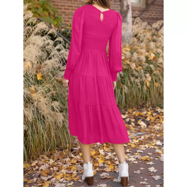 imageZESICA Womens 2023 Casual Long Sleeve Crew Neck High Waist Smocked Flowy Tiered Midi DressRose
