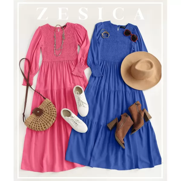 imageZESICA Womens 2023 Casual Long Sleeve Crew Neck High Waist Smocked Flowy Tiered Midi DressRoyalblue