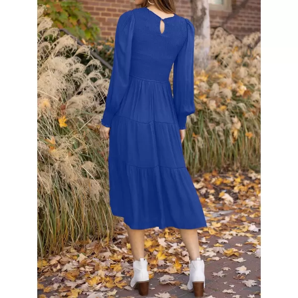 imageZESICA Womens 2023 Casual Long Sleeve Crew Neck High Waist Smocked Flowy Tiered Midi DressRoyalblue