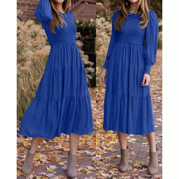 imageZESICA Womens 2023 Casual Long Sleeve Crew Neck High Waist Smocked Flowy Tiered Midi DressRoyalblue