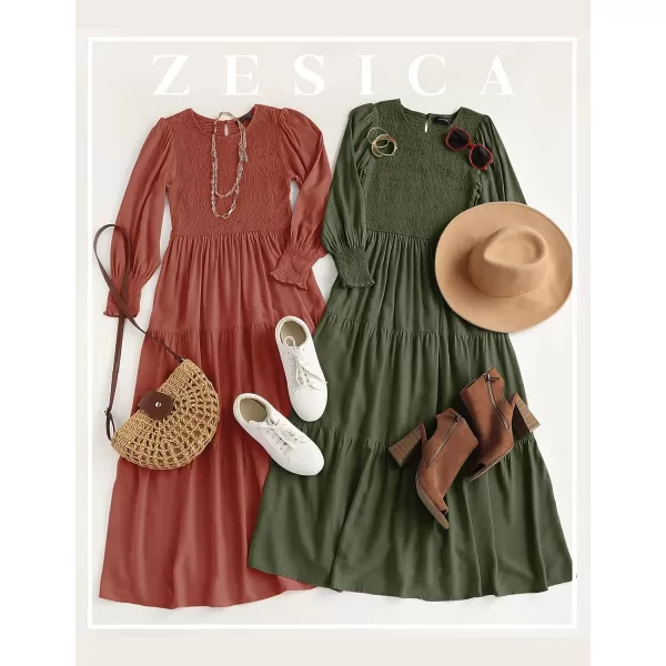 imageZESICA Womens 2023 Casual Long Sleeve Crew Neck High Waist Smocked Flowy Tiered Midi DressRust