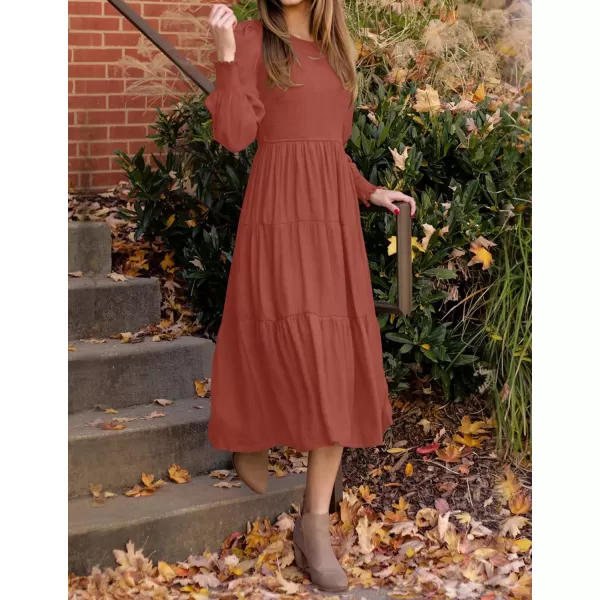 imageZESICA Womens 2023 Casual Long Sleeve Crew Neck High Waist Smocked Flowy Tiered Midi DressRust
