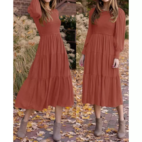 imageZESICA Womens 2023 Casual Long Sleeve Crew Neck High Waist Smocked Flowy Tiered Midi DressRust