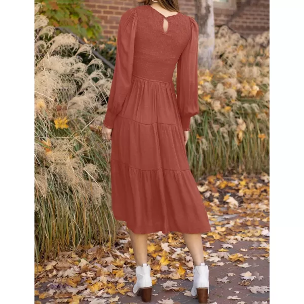 imageZESICA Womens 2023 Casual Long Sleeve Crew Neck High Waist Smocked Flowy Tiered Midi DressRust