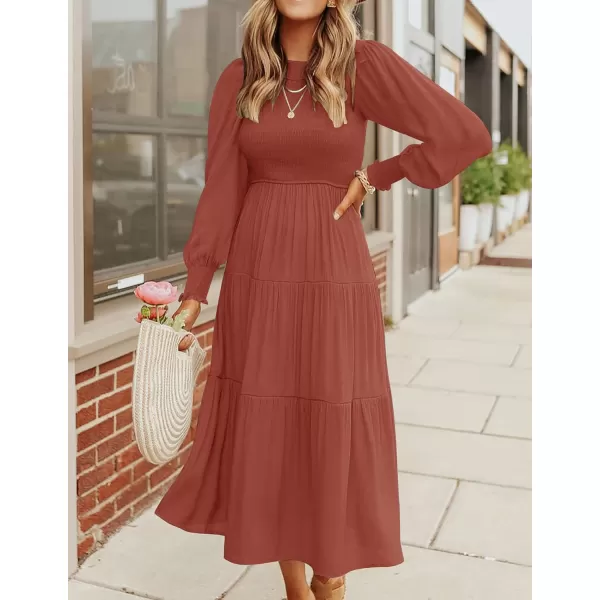 imageZESICA Womens 2023 Casual Long Sleeve Crew Neck High Waist Smocked Flowy Tiered Midi DressRust