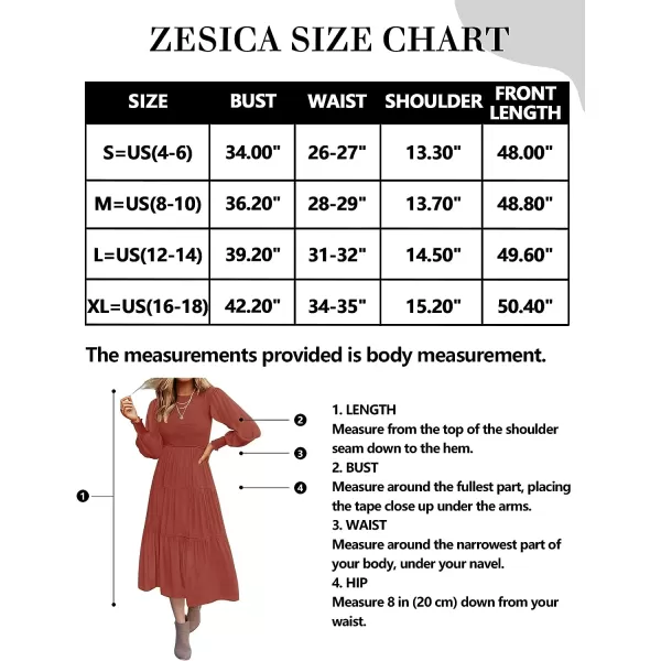 imageZESICA Womens 2023 Casual Long Sleeve Crew Neck High Waist Smocked Flowy Tiered Midi DressRust