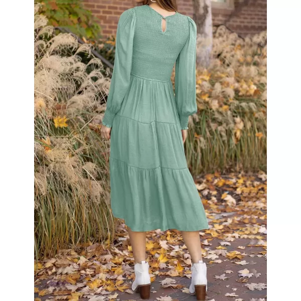 imageZESICA Womens 2023 Casual Long Sleeve Crew Neck High Waist Smocked Flowy Tiered Midi DressSage