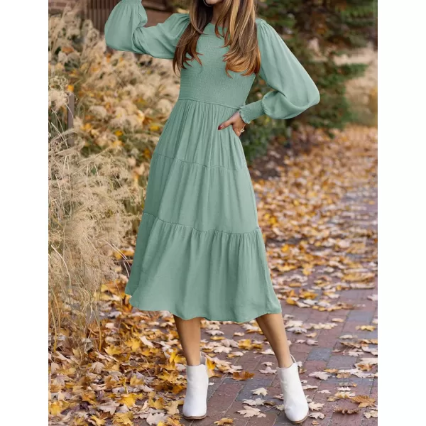 imageZESICA Womens 2023 Casual Long Sleeve Crew Neck High Waist Smocked Flowy Tiered Midi DressSage