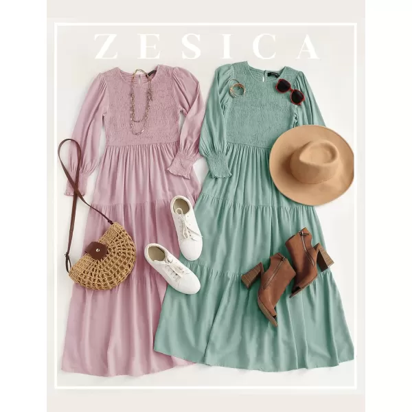 imageZESICA Womens 2023 Casual Long Sleeve Crew Neck High Waist Smocked Flowy Tiered Midi DressSage