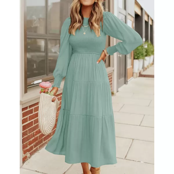 imageZESICA Womens 2023 Casual Long Sleeve Crew Neck High Waist Smocked Flowy Tiered Midi DressSage