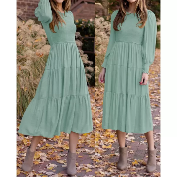 imageZESICA Womens 2023 Casual Long Sleeve Crew Neck High Waist Smocked Flowy Tiered Midi DressSage
