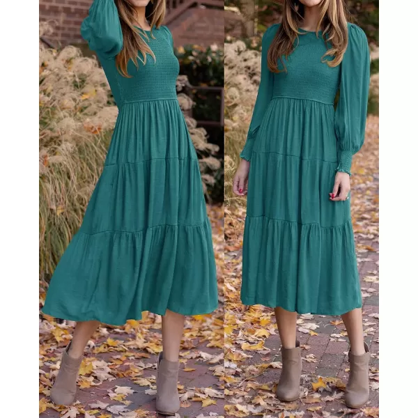 imageZESICA Womens 2023 Casual Long Sleeve Crew Neck High Waist Smocked Flowy Tiered Midi DressTealgreen