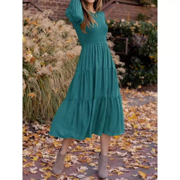 imageZESICA Womens 2023 Casual Long Sleeve Crew Neck High Waist Smocked Flowy Tiered Midi DressTealgreen