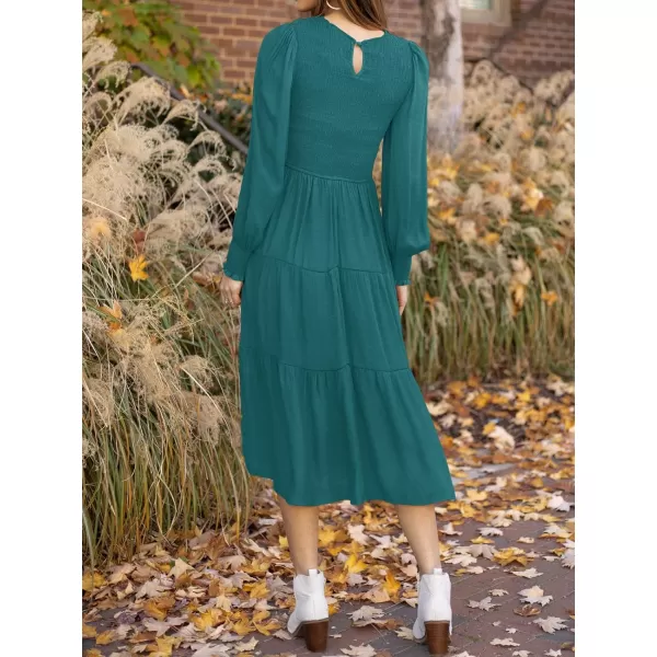 imageZESICA Womens 2023 Casual Long Sleeve Crew Neck High Waist Smocked Flowy Tiered Midi DressTealgreen