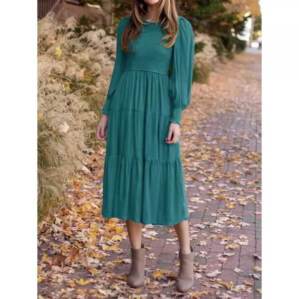imageZESICA Womens 2023 Casual Long Sleeve Crew Neck High Waist Smocked Flowy Tiered Midi DressTealgreen