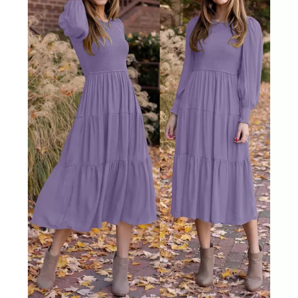 imageZESICA Womens 2023 Casual Long Sleeve Crew Neck High Waist Smocked Flowy Tiered Midi DressViolet
