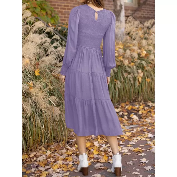 imageZESICA Womens 2023 Casual Long Sleeve Crew Neck High Waist Smocked Flowy Tiered Midi DressViolet