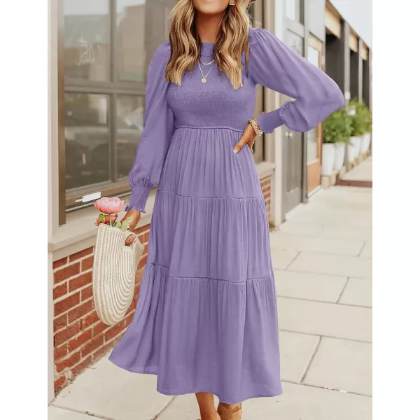imageZESICA Womens 2023 Casual Long Sleeve Crew Neck High Waist Smocked Flowy Tiered Midi DressViolet