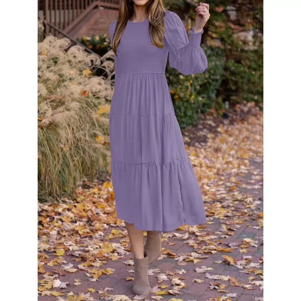 imageZESICA Womens 2023 Casual Long Sleeve Crew Neck High Waist Smocked Flowy Tiered Midi DressViolet