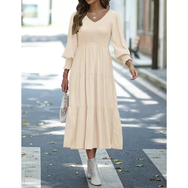 imageZESICA Womens 2023 Casual Long Sleeve Crew Neck High Waist Smocked Flowy Tiered Midi DressVneckapricot