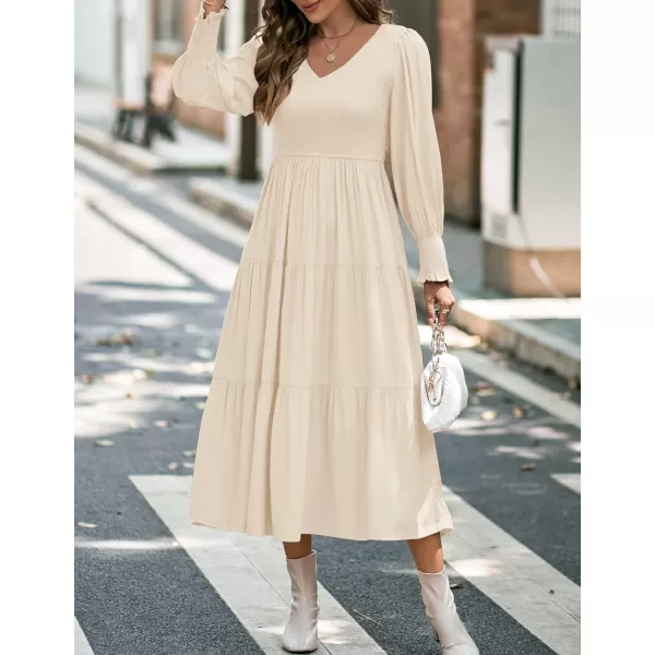 imageZESICA Womens 2023 Casual Long Sleeve Crew Neck High Waist Smocked Flowy Tiered Midi DressVneckapricot