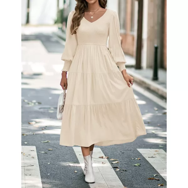 imageZESICA Womens 2023 Casual Long Sleeve Crew Neck High Waist Smocked Flowy Tiered Midi DressVneckapricot