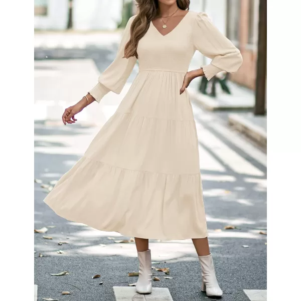 imageZESICA Womens 2023 Casual Long Sleeve Crew Neck High Waist Smocked Flowy Tiered Midi DressVneckapricot