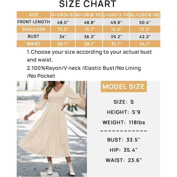 imageZESICA Womens 2023 Casual Long Sleeve Crew Neck High Waist Smocked Flowy Tiered Midi DressVneckapricot