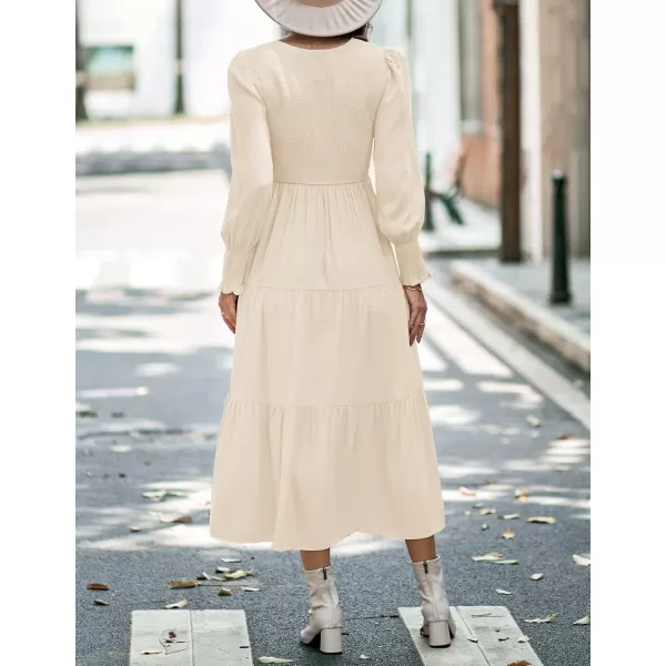 imageZESICA Womens 2023 Casual Long Sleeve Crew Neck High Waist Smocked Flowy Tiered Midi DressVneckapricot